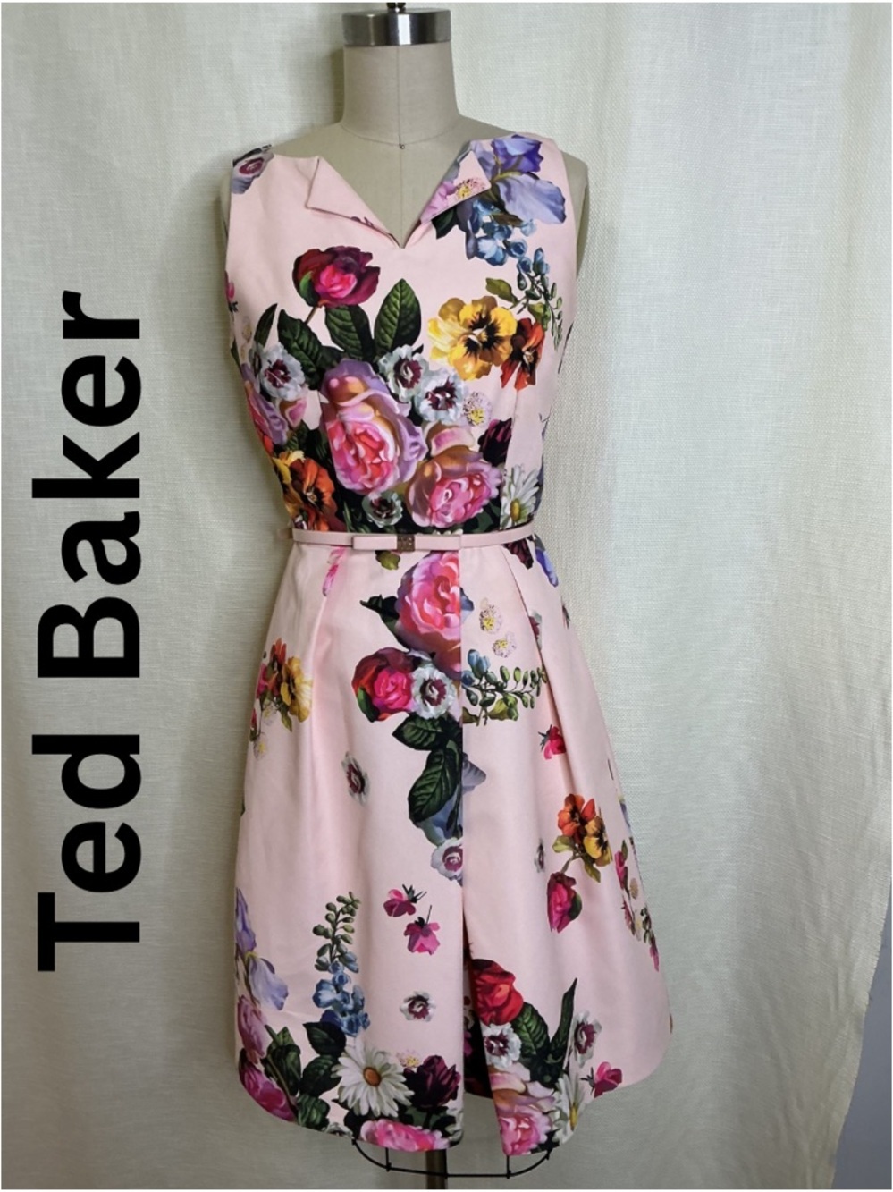 Ted Baker Floral Pink Dress Size 1 Fit Flare Belted Wedding Guest Chic